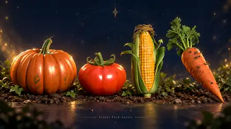 InkFeather Games vegetable asset pack showcase featuring pumpkin, tomato, corn, and carrot models.